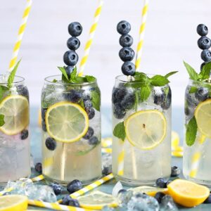 Lemonade Gin Mojito with blueberries in a glass.