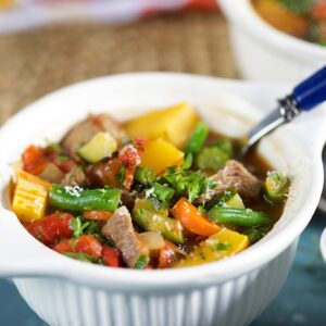 Vegetable Beef Soup in a white bowl.