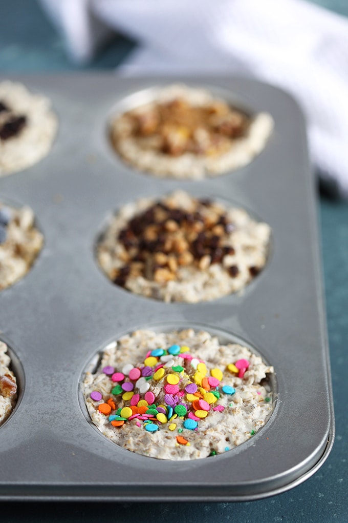 Oatmeal in muffin tin with a variety of toppings from TheSuburbanSoapbox.com