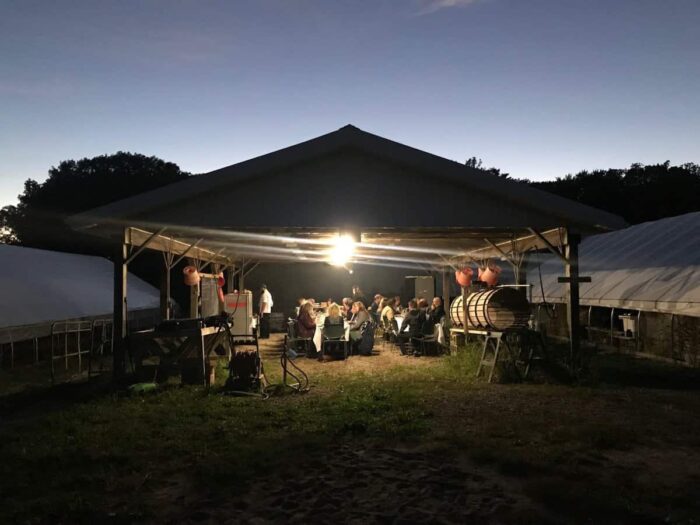 Dinner on a farm at night with string lights.