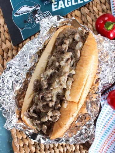 Overhead shot of philadelphia cheesesteak in foil