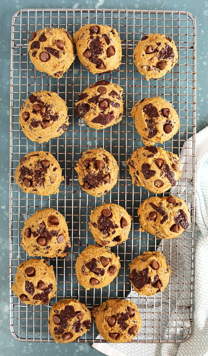 Pumpkin Chocolate Chip Cookies on a cooling rack.