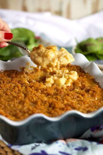 Baked Cauliflower Mac and Cheese in a blue baking dish with a crispy top and a spoonful being held above it.