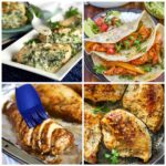 Collage of four oven baked chicken breast recipes, Oven Baked Chicken Breast with a blue basting brush, ,spinach stuffed chicken breast on a white platter, chicken fajita tacos and crispy oven baked chicken breast.