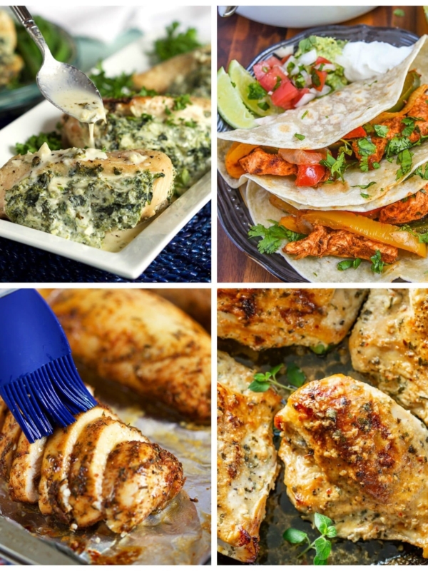 Collage of four oven baked chicken breast recipes, Oven Baked Chicken Breast with a blue basting brush, ,spinach stuffed chicken breast on a white platter, chicken fajita tacos and crispy oven baked chicken breast.