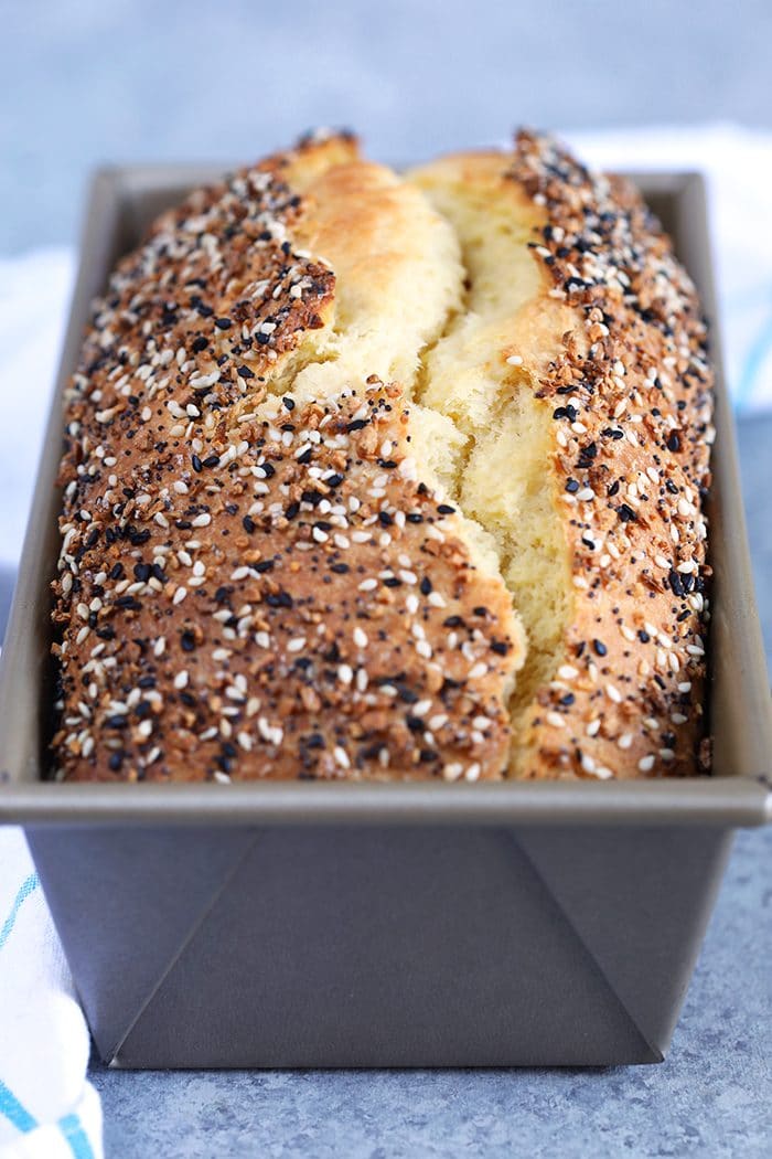 Everything Bagel Brioche in a loaf pan.
