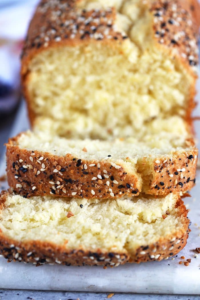 Close up of sliced Everything Bagel Brioche Bread.