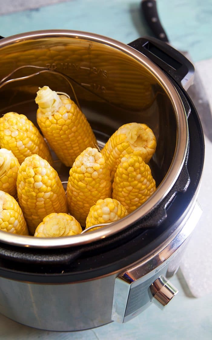 Overhead shot of corn on the cob in an Instant Pot