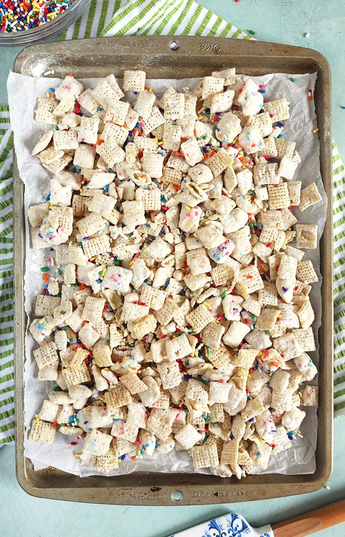 Overhead shot of puppy chow on a baking sheet
