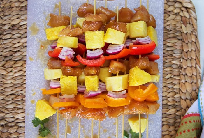 Teriyaki Chicken Kabobs ready to go on the grill.