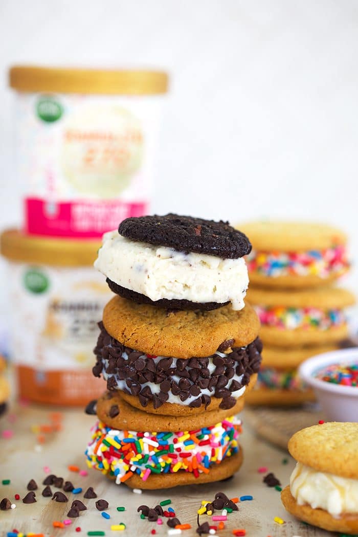 Three ice cream sandwiches stacked on top of each other.