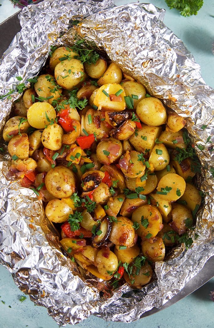 Overhead shot of Southwestern Grilled Potatoes in a foil packet from thesuburbansoapbox.com