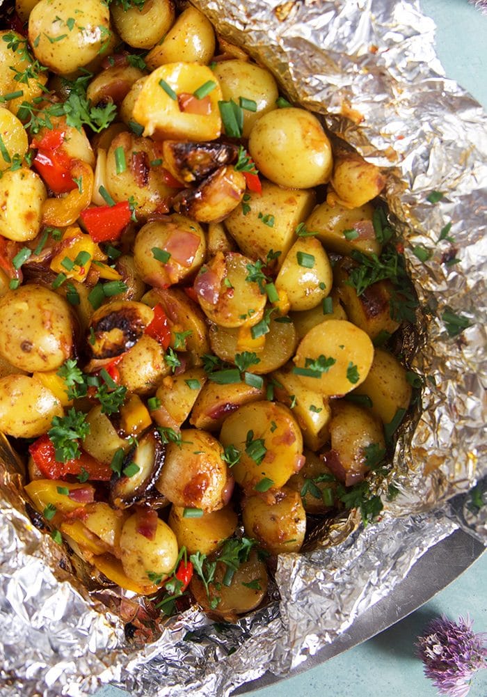 Close up of southwestern grilled potatoes in foil 