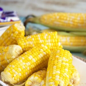 Corn on the cob on a white platter.