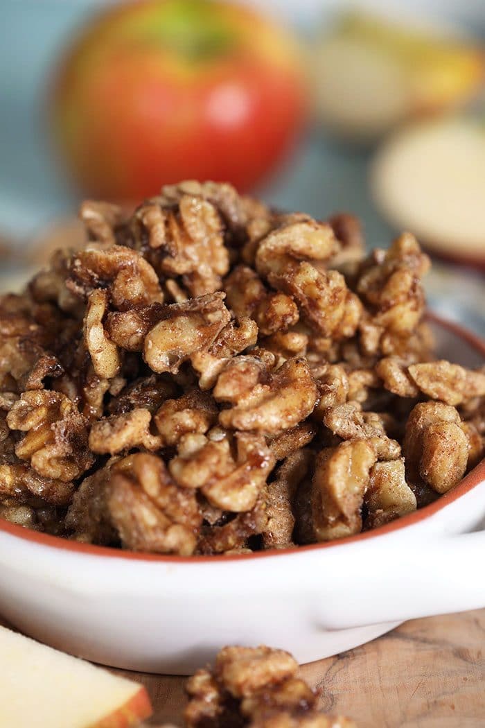 Candied Walnuts in a white bowl.
