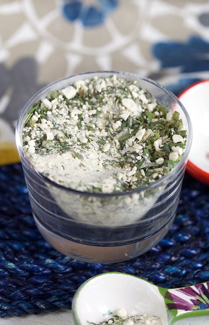 Ranch seasoning mix in a glass dish.