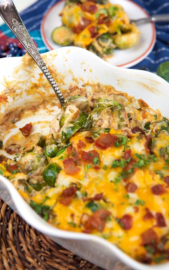 Brussel Sprouts casserole in a white baking dish.