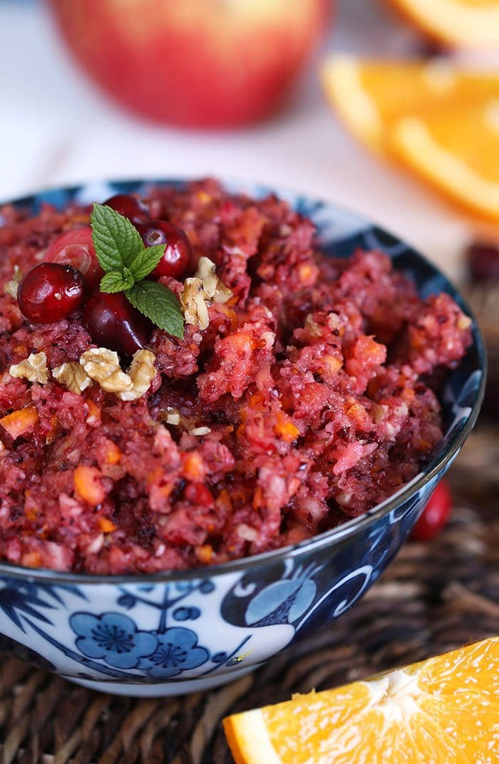 Cranberry Relish in a blue and white bowl.