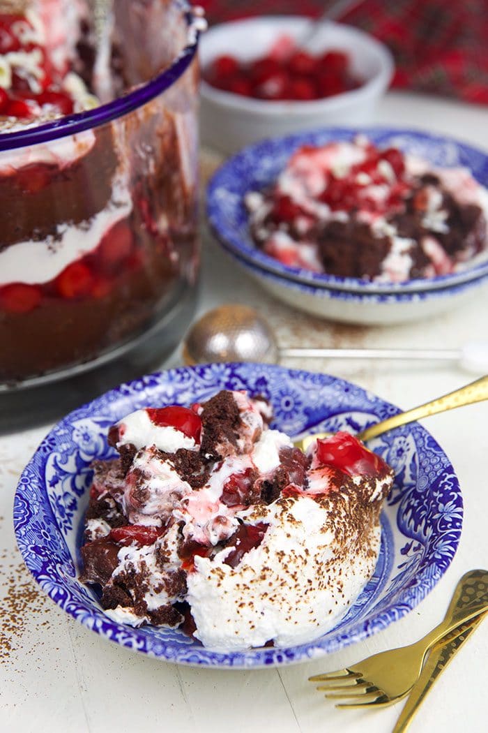 Close up of black forest trifle in a blue and white bowl.