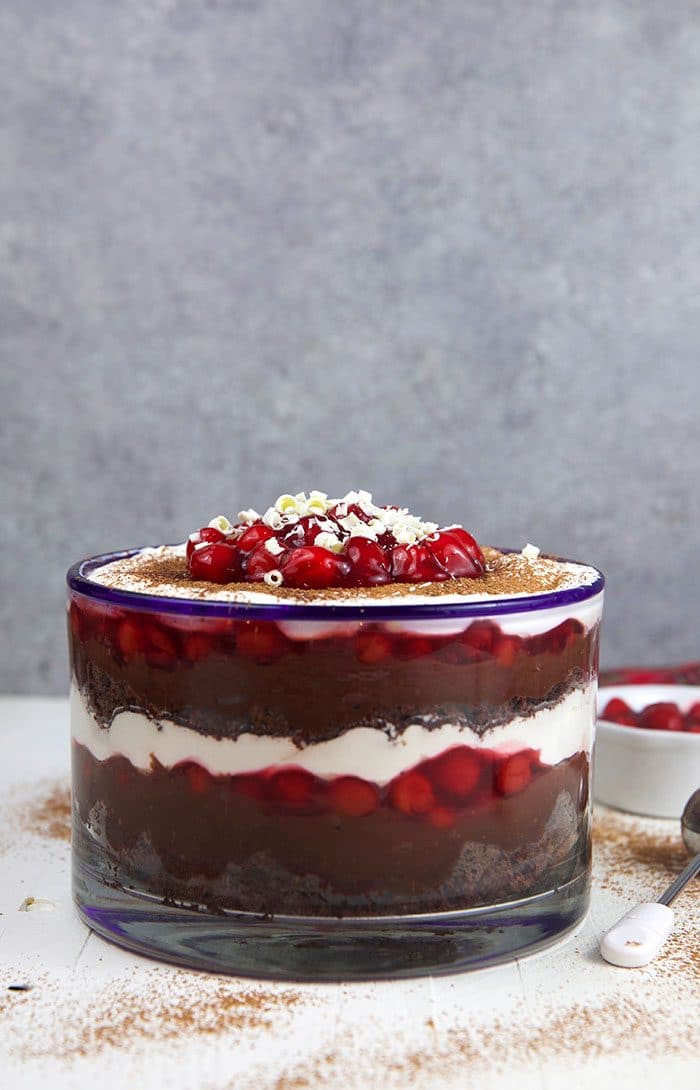 Black forest brownie trifle in a bowl on a white background.