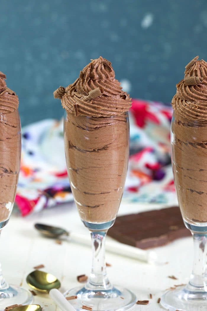 Chocolate Mousse in a champagne glass with chocolate shavings.