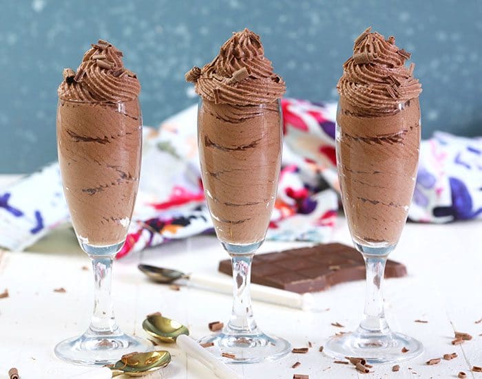 Chocolate Mousse in champagne glasses.