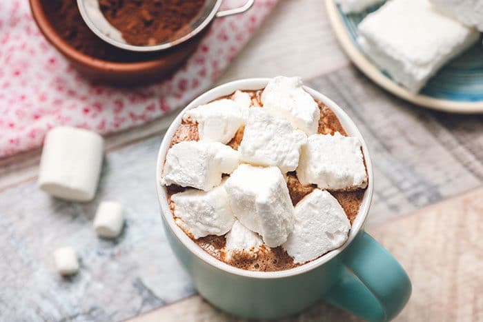 Overhead shot of marshmallows in a mug of hot cocoa.