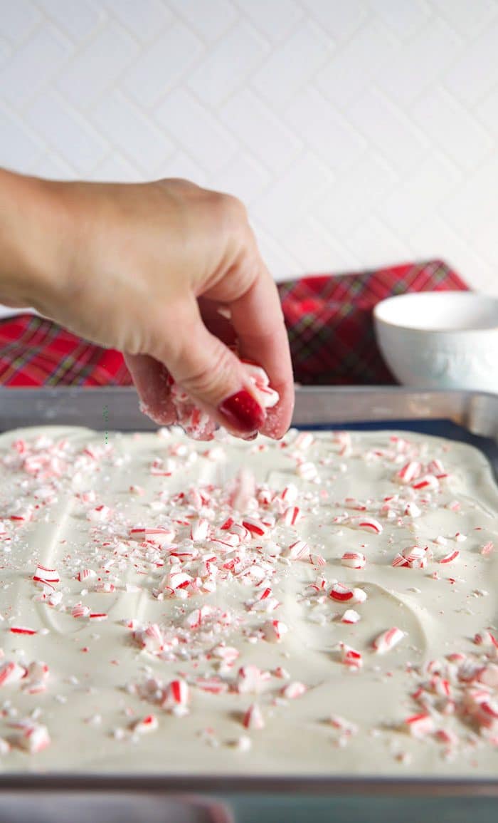 candy being sprinkled on peppermint bark.