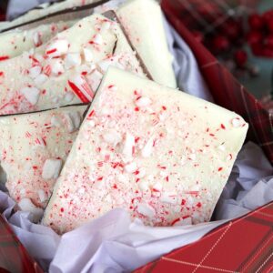 Close up of peppermint bark in a gift bos.
