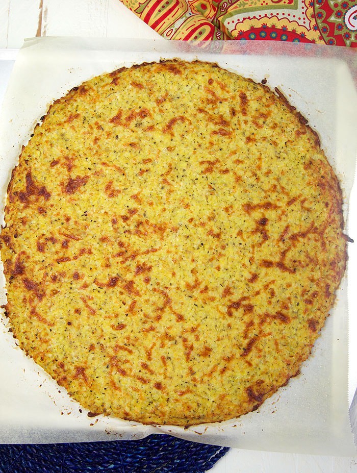 cauliflower pizza crust after it's been baked.