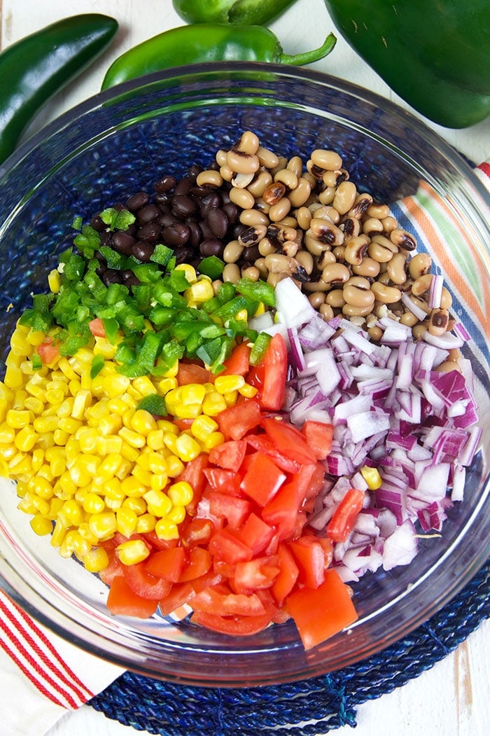 Overhead view of Texas caviar ingredients in a bowl.
