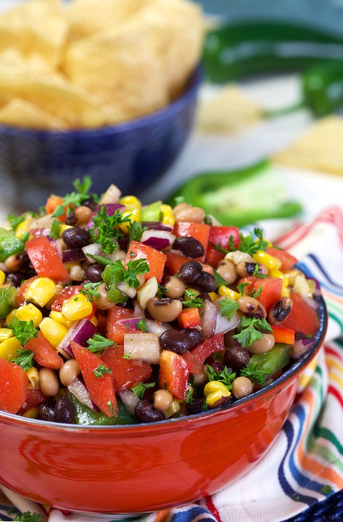 Cowboy Caviar in a red bowl..
