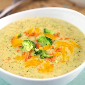 Broccoli Cheddar Soup in a white bowl.