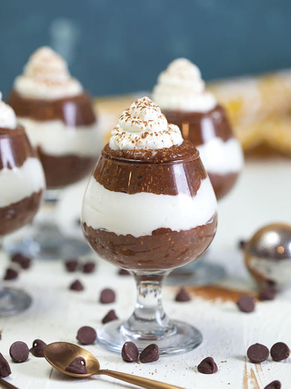 Chocolate Chia pudding on a white background.