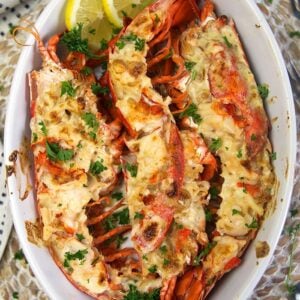 Overhead shot of Lobster Thermidor in a white baking dish.
