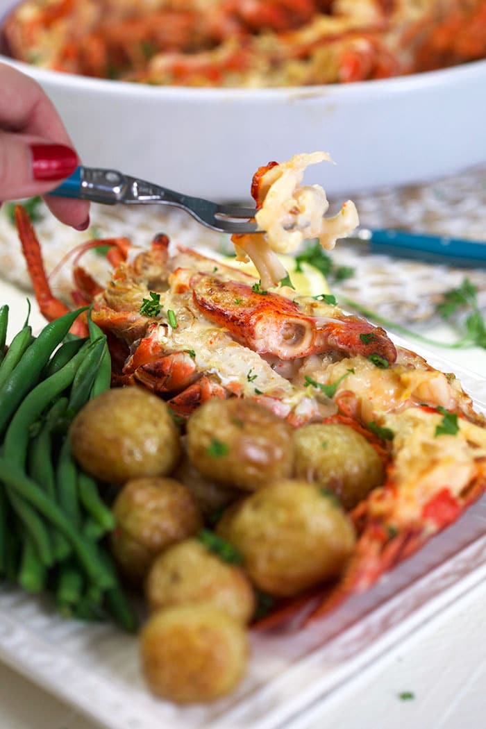 Lobster thermidor with a fork picking up a piece.