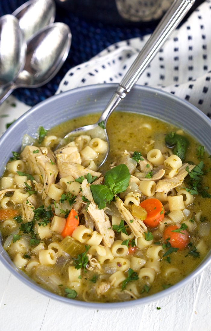 Pesto Chicken Noodle Soup in a gray bowl.