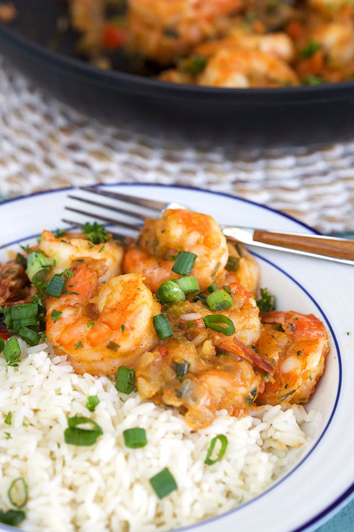 Shrimp etouffee in a white bowl with rice and a fork.