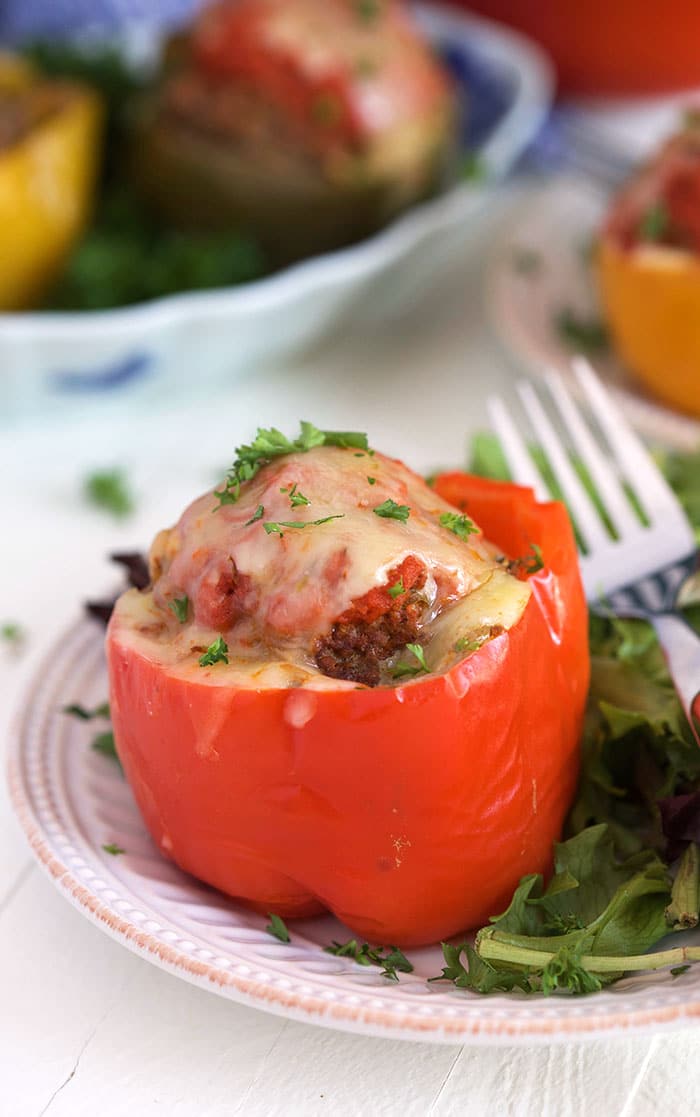 Stuffed red bell pepper on a plate.