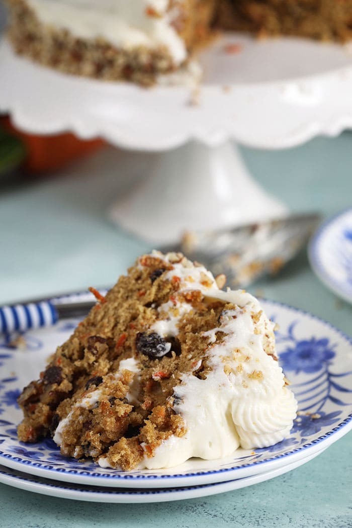 Easy Carrot Cake slice on a blue and white plate.