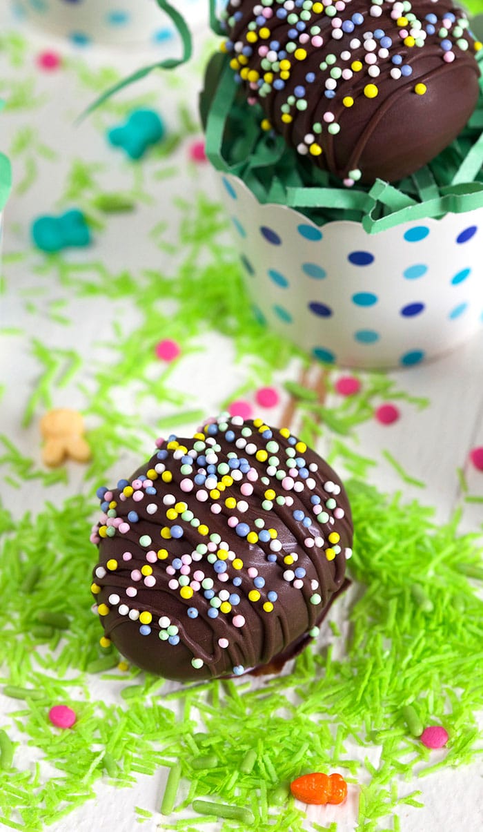 Easy Peanut Butter Eggs on candy easter grass.