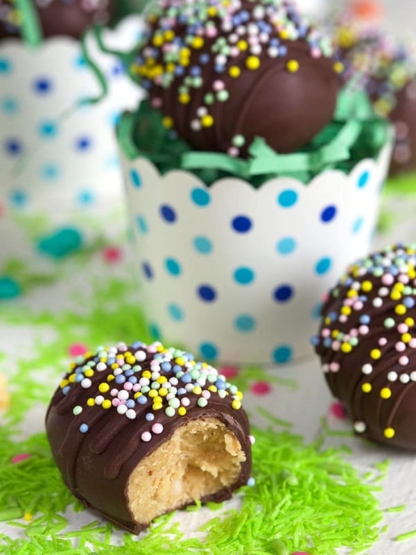 Peanut Butter eggs on green candy grass.