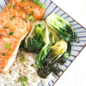 A piece of cooked salmon is presented on a plate, next to bok choy and white rice.