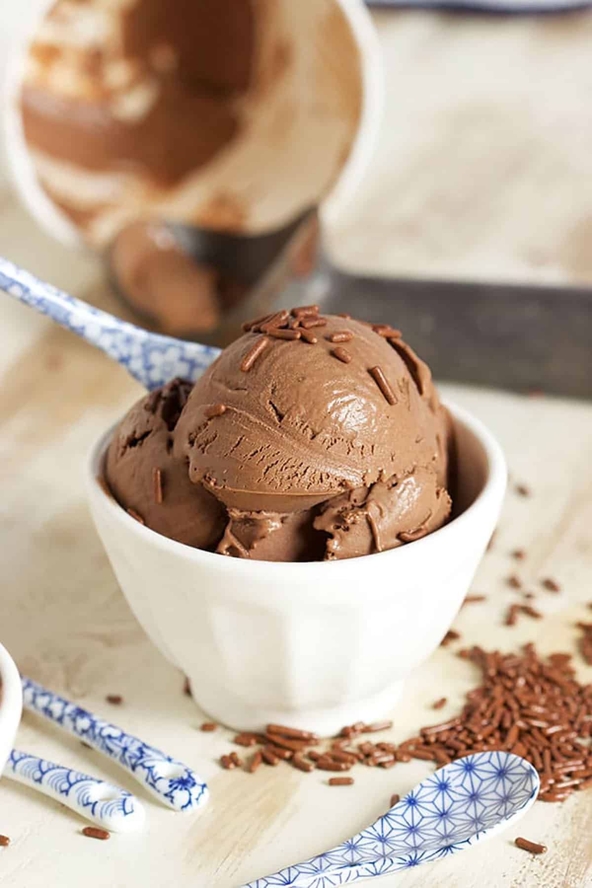 Chocolate Ice Cream in a white bowl with a white carton of chocolate ice cream in the background.