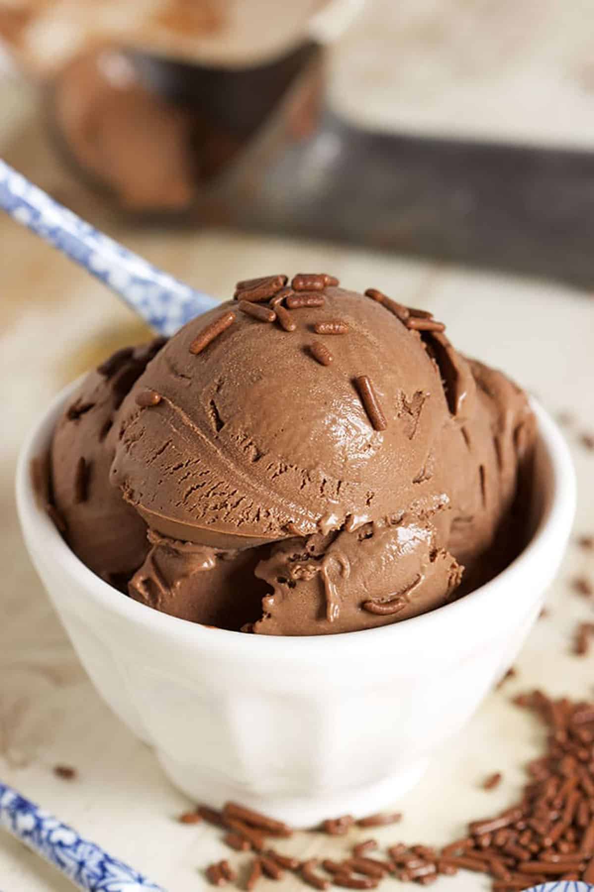 Chocolate Ice Cream in a white bowl with chocolate sprinkles and a blue and white spoon.