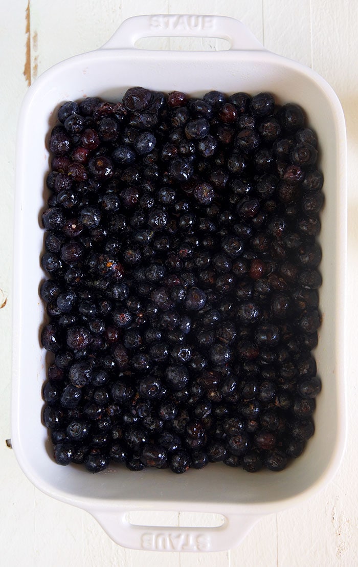 blueberries in a white baking dish