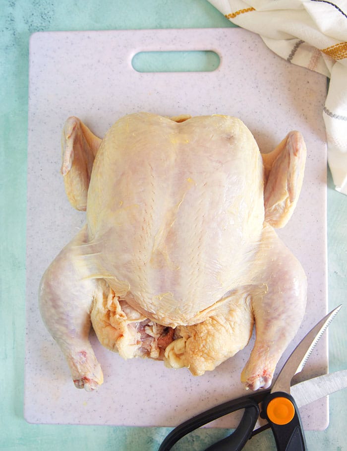Roasting chicken on a white cutting board with a pair of poultry shears.