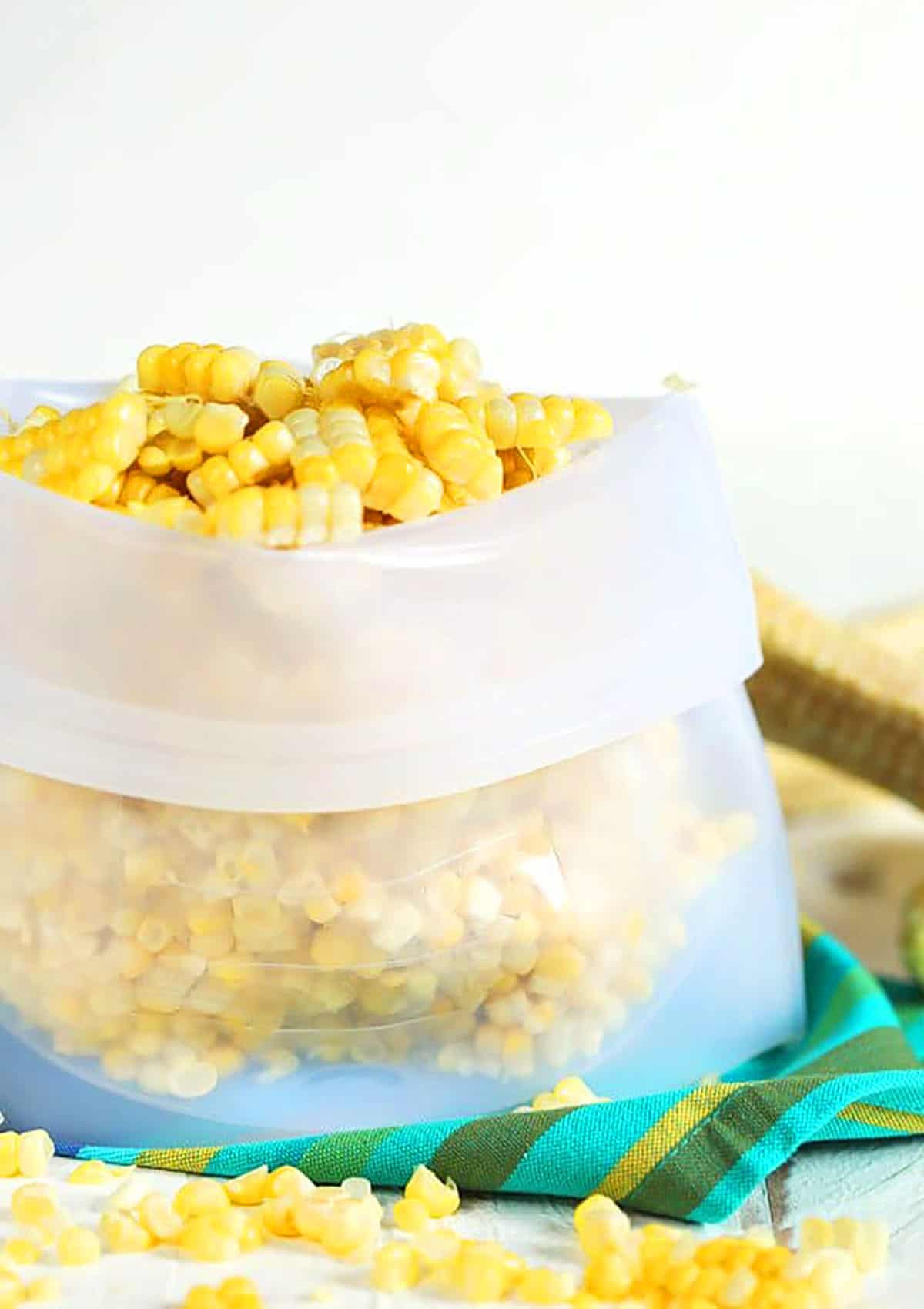 corn off the cob, kernels in a silicon zip top freezer bag.