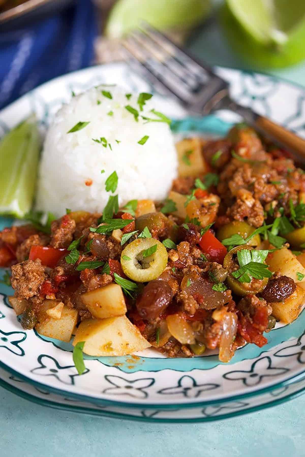 Close up of picadillo on a plate.
