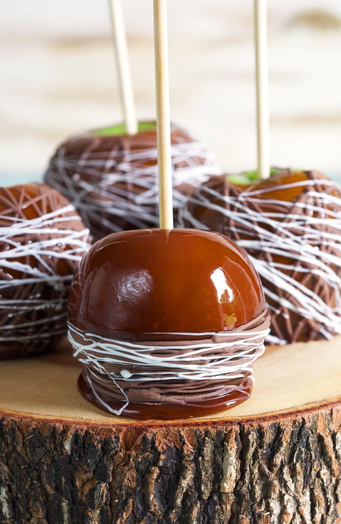 Four caramel apples drizzled with chocolate on a slab of wood.